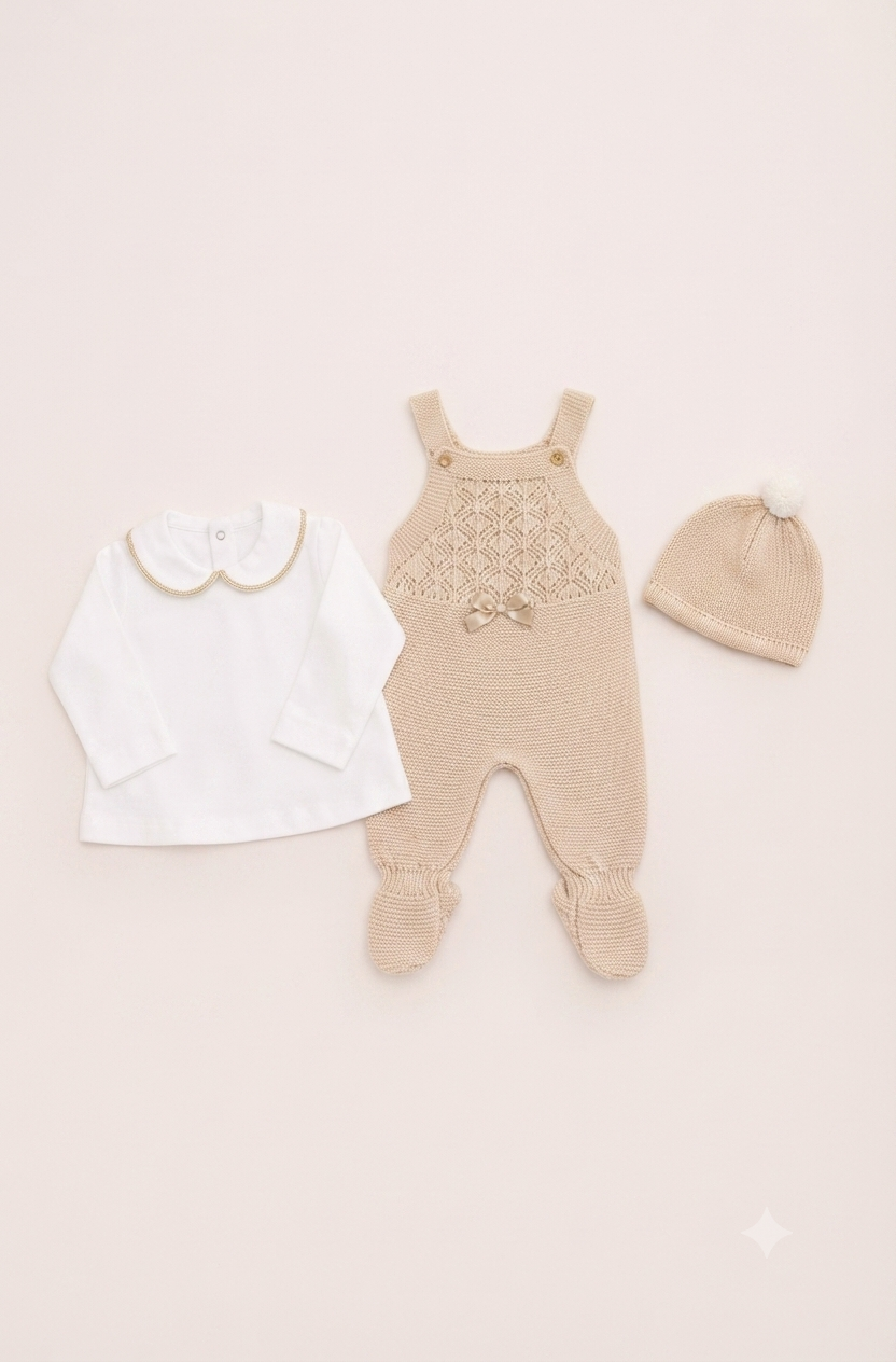 Conjunto de jardineiras de malha trabalhada com camisola e gorro